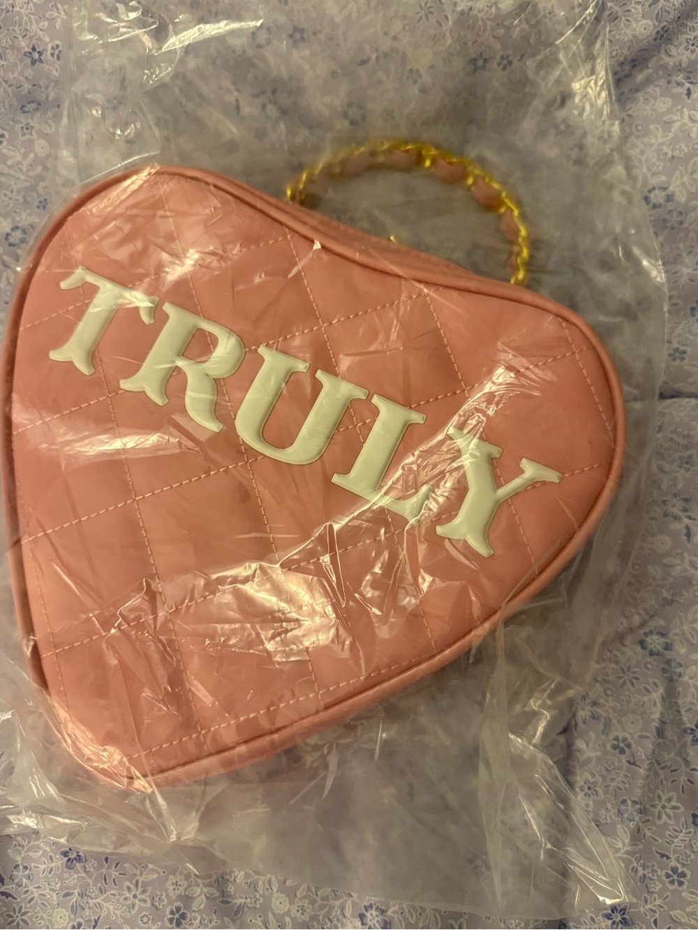 TRULY Pink Quilted Heart Crossbody with Gold Chain